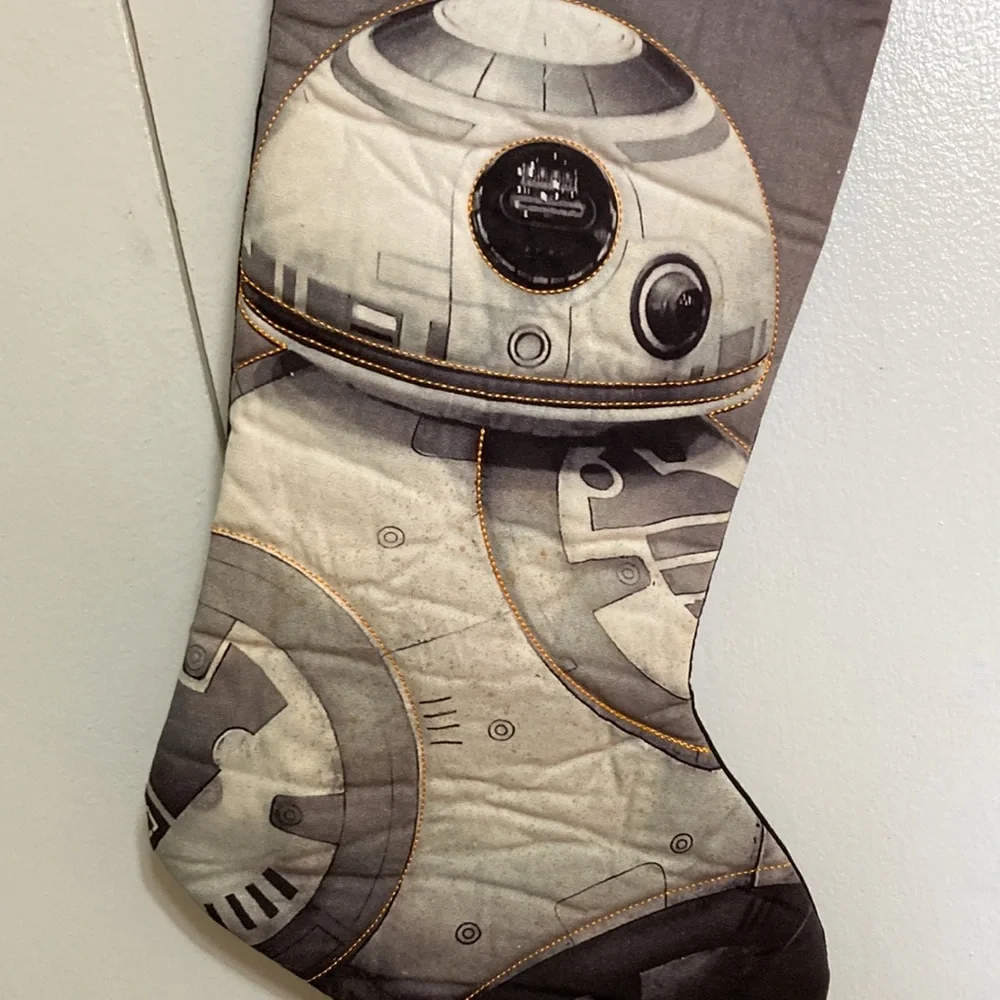 STAR WARS Christmas Holiday Stocking BB8 Gray White Gold Embroidered 18.5 in